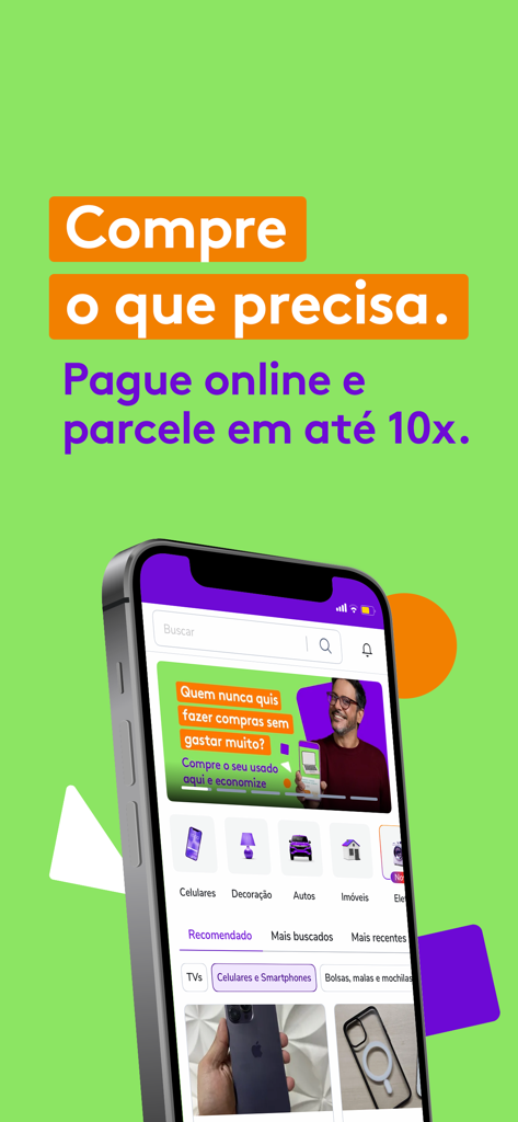 Tela do app OLX mostrando categorias de produtos e opções de pagamento parcelado