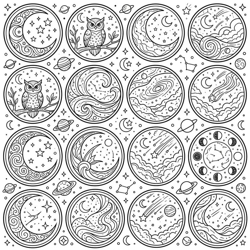 Embark on a creative journey with our stunning collection of night-time themed coaster coloring pages. Discover intricate designs featuring moons, stars, owls, and cosmic landscapes, perfect for relaxation and artistic expression.