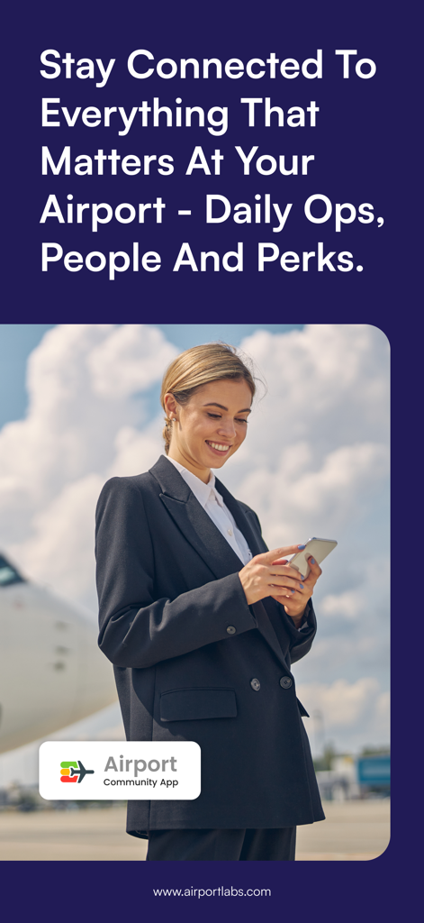 An airport professional using the Airport Community App on her smartphone