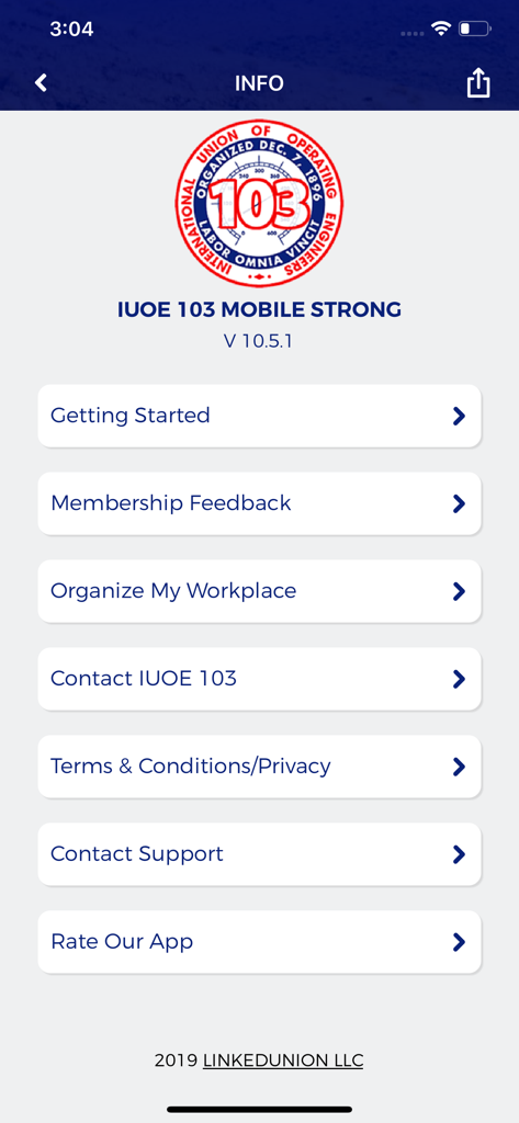 IUOE 103 mobile app info page with navigation menu for members