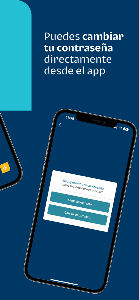Bi en Línea PAN - Pantalla de recuperación de contraseña en la aplicación móvil Bi en Línea PAN con opciones para SMS o correo electrónico