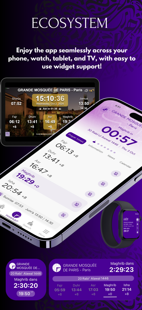 MAWAQIT app ecosystem showing prayer times on iPhone Apple Watch and tablet