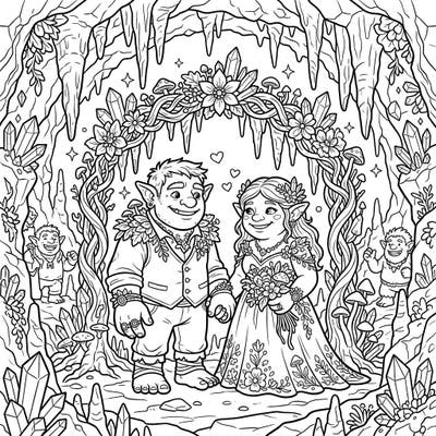 Journey to the heart of the earth with this enchanting Cave Troll Wedding coloring page. Celebrate the unique love of these subterranean creatures as they exchange vows amidst crystals and cavern flora.