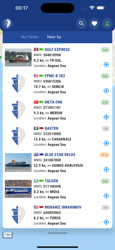 Nearby ships list on MyShipTracking app showing real-time AIS data for vessels in the Aegean Sea