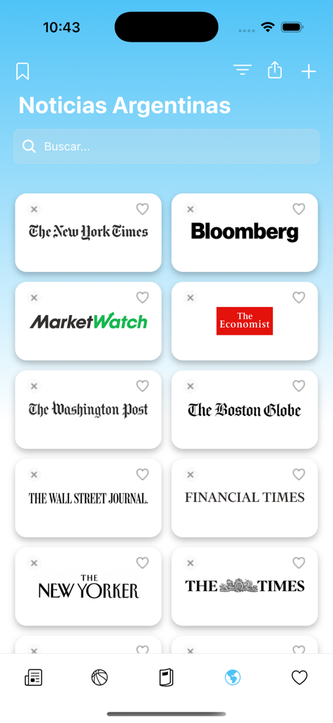 Pantalla de una aplicación móvil que muestra una cuadrícula de fuentes de noticias internacionales que incluyen The New York Times y Bloomberg