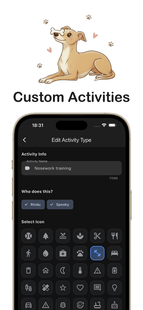 Interface of the Dog Daily app showing the screen to create and edit custom activities like nosework training for multiple dogs