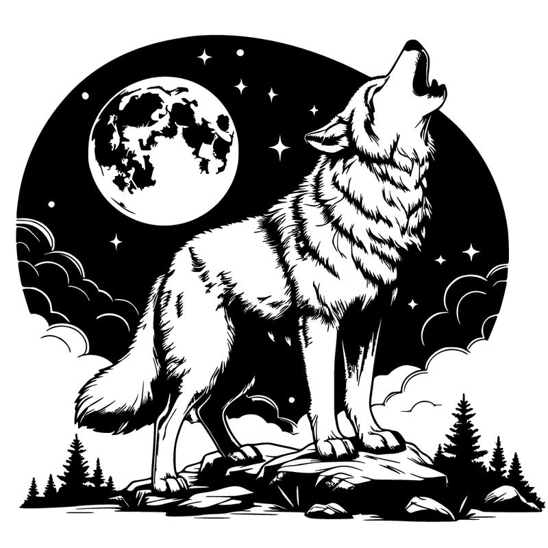 realistic wolf howling at moon