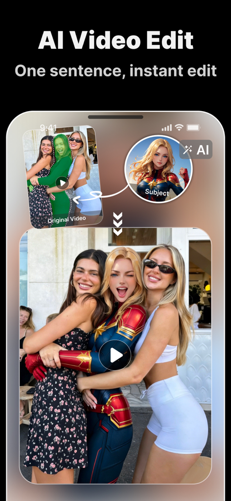 Snapana: AI Video Generator - Interface of Snapana app showing a person in a video being replaced by an AI generated superhero character