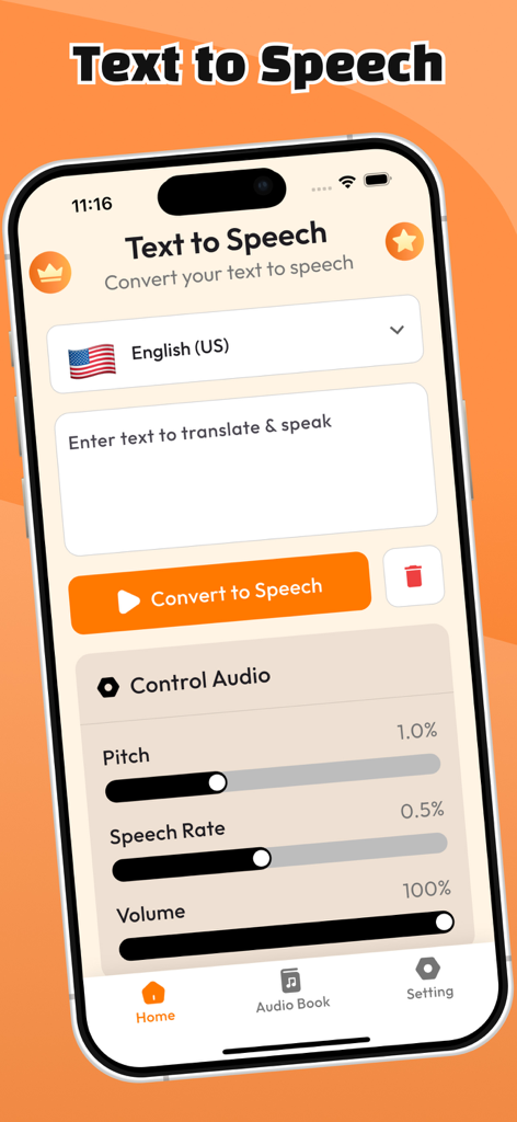 Text To Speech (TTS) - Oberfläche der Text-to-Speech-App mit einem Texteingabefeld und Audiosteuerung für Tonhöhe und Geschwindigkeit.