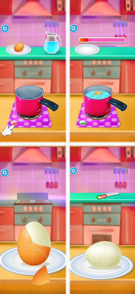 My LunchBox - Cooking Game - Four panels showing the interactive steps of boiling and peeling an egg in the My LunchBox cooking game.