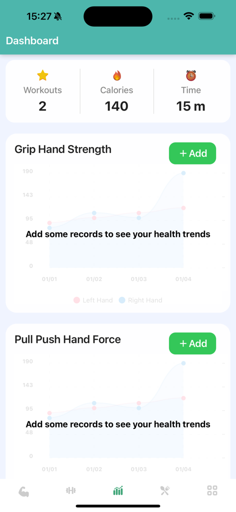 Arm Workout & Bicep Exercise#1 - Vista del panel de la aplicación de entrenamiento de brazos que muestra estadísticas diarias de entrenamientos, calorías y gráficos de progreso de fuerza de manos