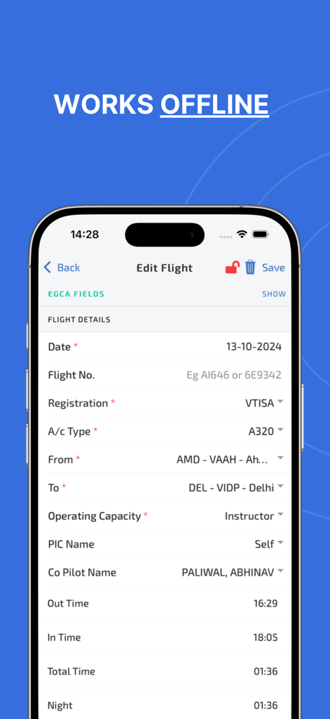 Wingman Pilot Logbook - Wingman Pilot Logbook mobile app interface showing offline flight logging details