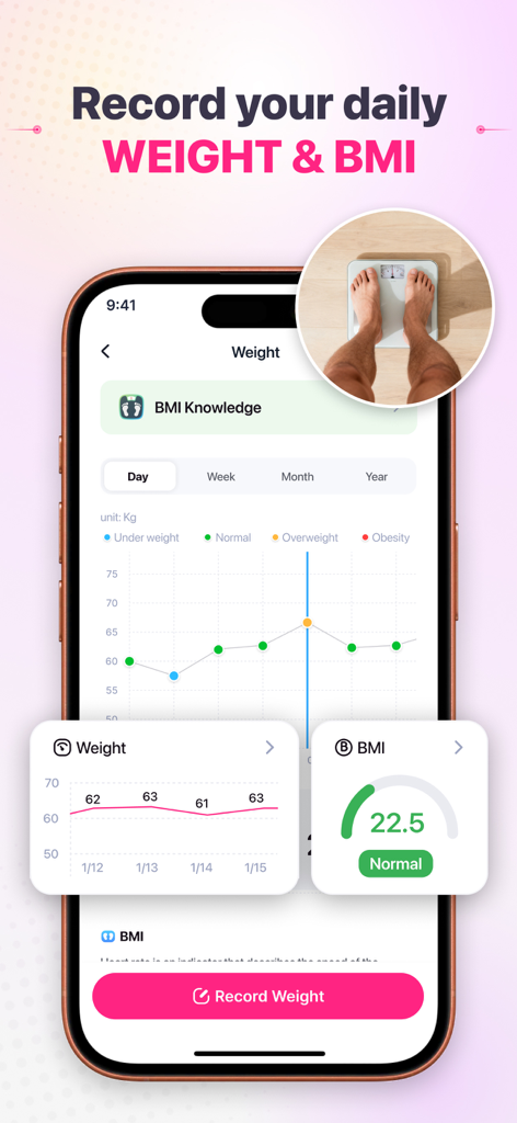 Health Monitor: Heart Rate - Interface do aplicativo Monitor de Saúde exibindo gráficos diários de monitoramento de peso e IMC