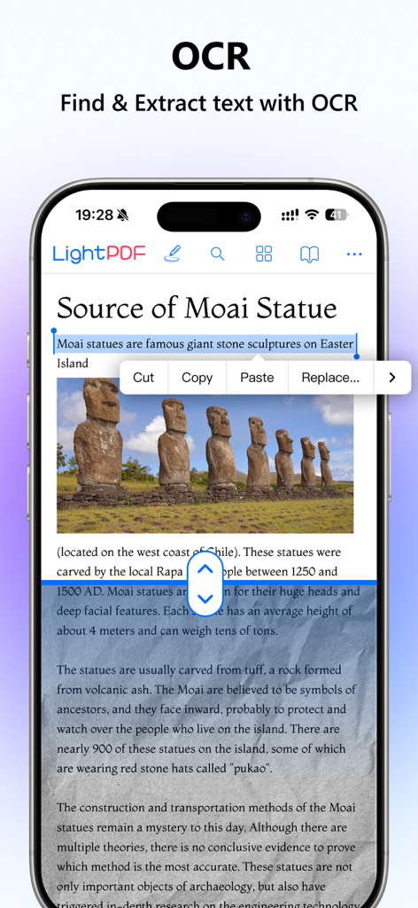 LightPDF mobile app showing OCR feature to find and extract text from a scanned document