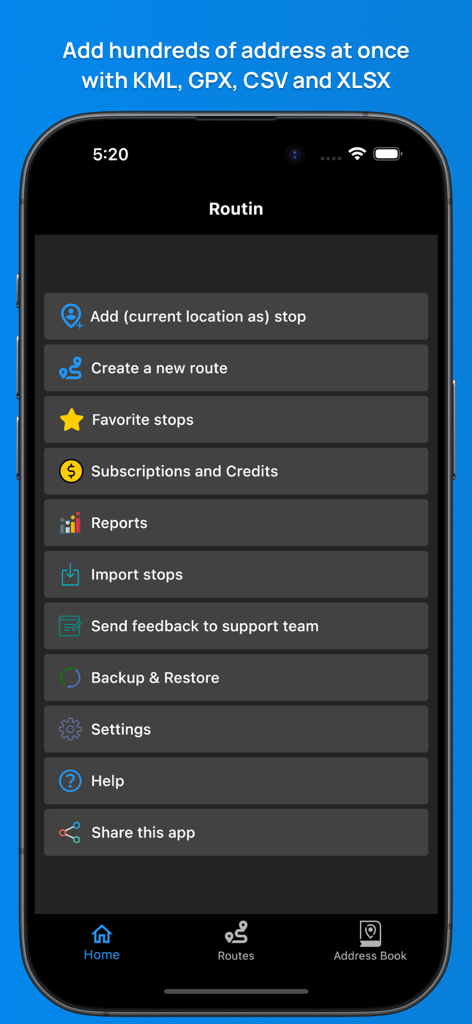 Routin app main menu with options to create new routes and import stops from CSV or XLSX files