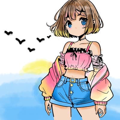 anime girl with mini shorts and a crop top and short hair