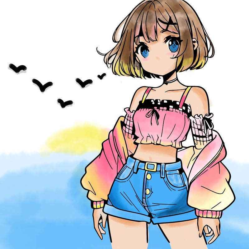 anime girl with mini shorts and a crop top and short hair