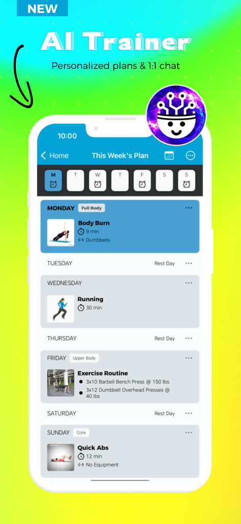 Interfaz de la aplicación Entrenador de Ejercicios IA que muestra un horario semanal de fitness personalizado y chat con el entrenador