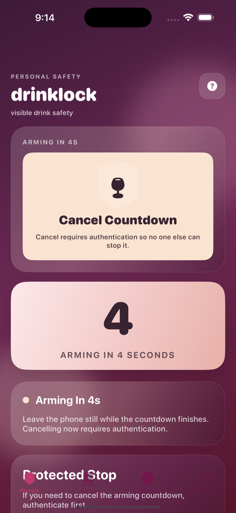 DrinkLock - DrinkLock mobile app interface displaying a four second countdown to arm the personal safety protection.
