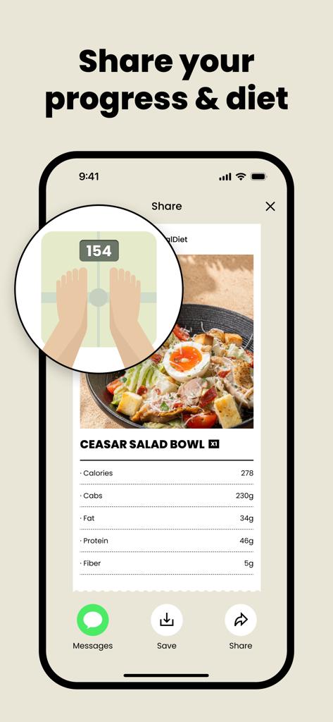 Une interface mobile pour partager les progrès de poids et les données nutritionnelles des repas comme les calories et les macros depuis l'application CalDiet.