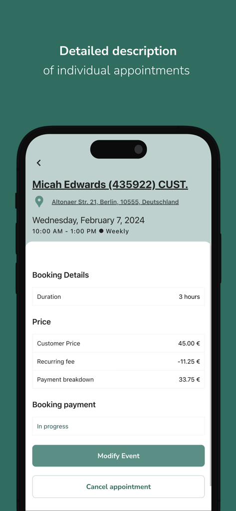 Vista detallada de la cita en la aplicación Helpling Partner que muestra la información del cliente y el desglose del pago
