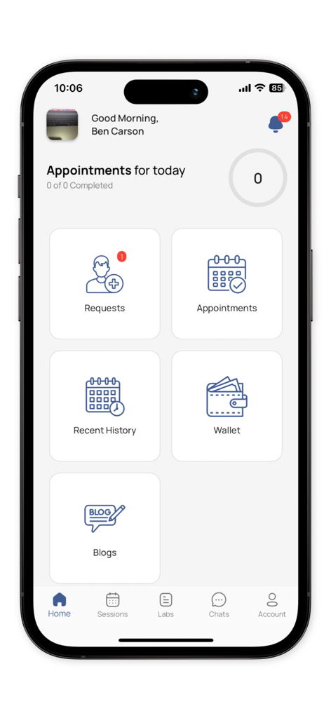 My.Doctor - Startbildschirm der My.Doctor-App für Ärzte mit einem Dashboard mit Terminen und Navigationssymbolen