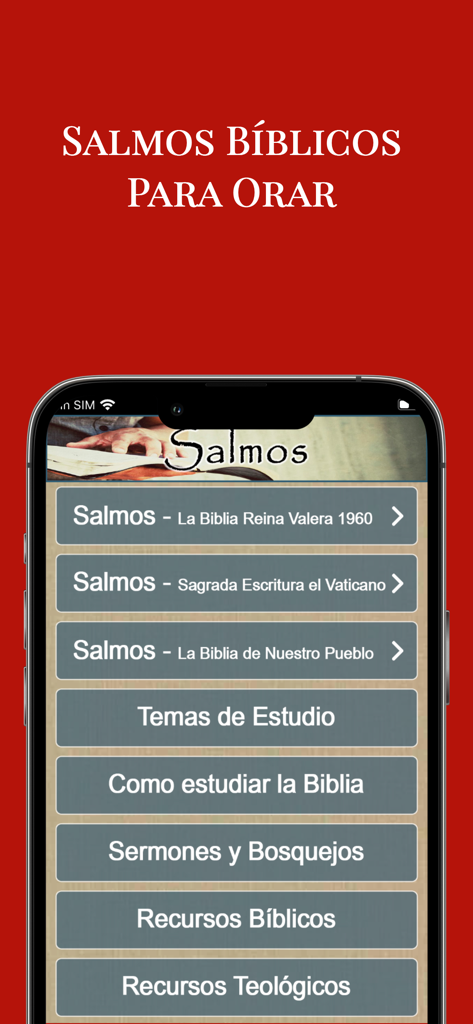 Salmos Bíblicos - Menú principal de la app Salmos Bíblicos mostrando varias versiones de la Biblia y herramientas de estudio