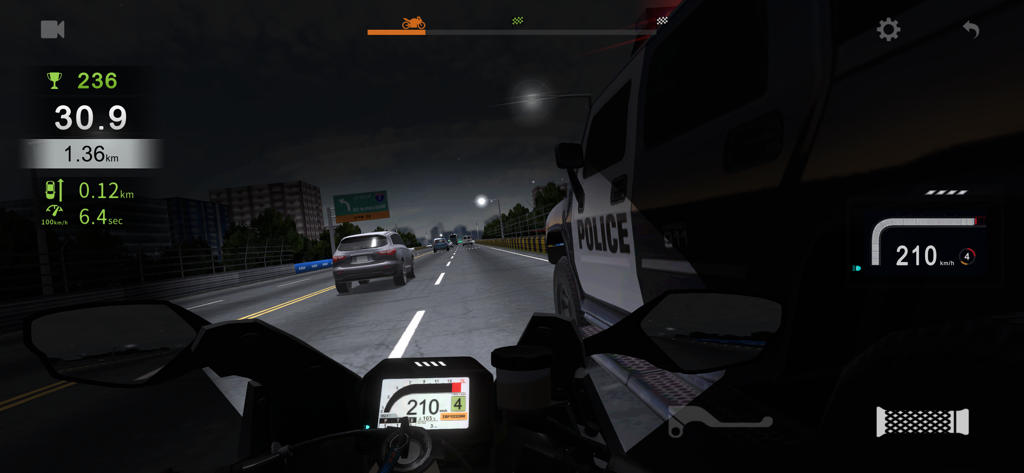 Real Moto Traffic - First person perspective of a motorcycle racing at night through traffic next to a police vehicle