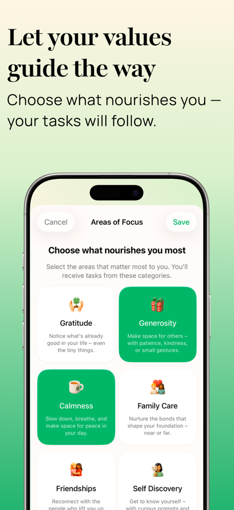 noorish: reconnect with life - Noorish app interface showing mindful focus categories like gratitude and calmness