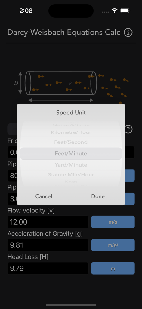 The speed unit selection menu in the Darcy Weisbach Equations Calc app showing various imperial and metric options like feet per minute