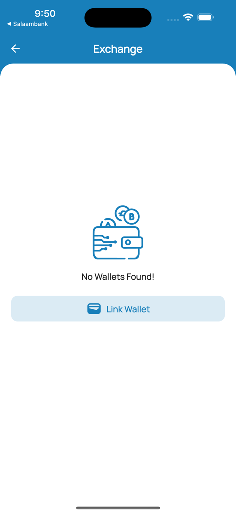 Salaam Bank - Mobile Banking - The exchange screen of the Salaam Bank mobile app showing an empty state with a link wallet button