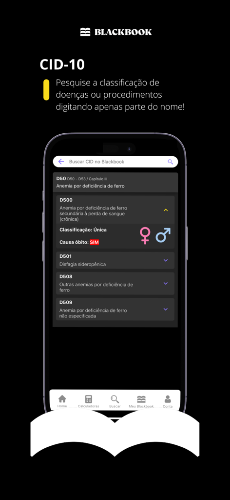 Blackbook: Decisões Clínicas - Blackbook medical app interface showing ICD-10 disease classification search and results for iron deficiency anemia