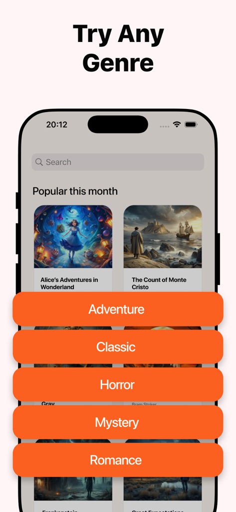Uma interface móvel para um leitor de ebooks exibindo gêneros populares como Aventura, Clássico e Terror.