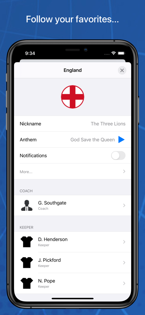 England national team profile page in the WC 2026 soccer app