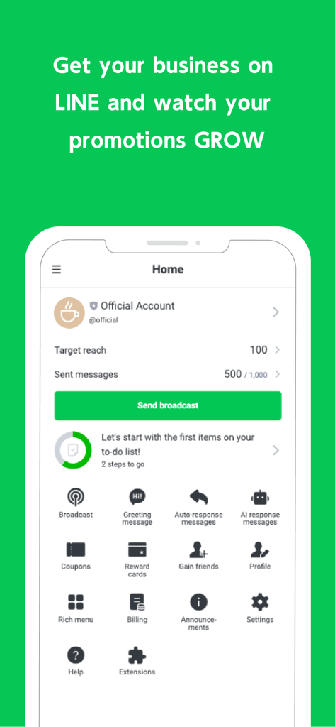 LINE Official Account - LINE Official Account home screen with business management tools and message statistics