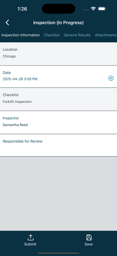 VelocityEHS® - 場所と検査官の詳細を含む、進行中のフォークリフト点検フォームを表示するVelocityEHSアプリのスクリーンショット。