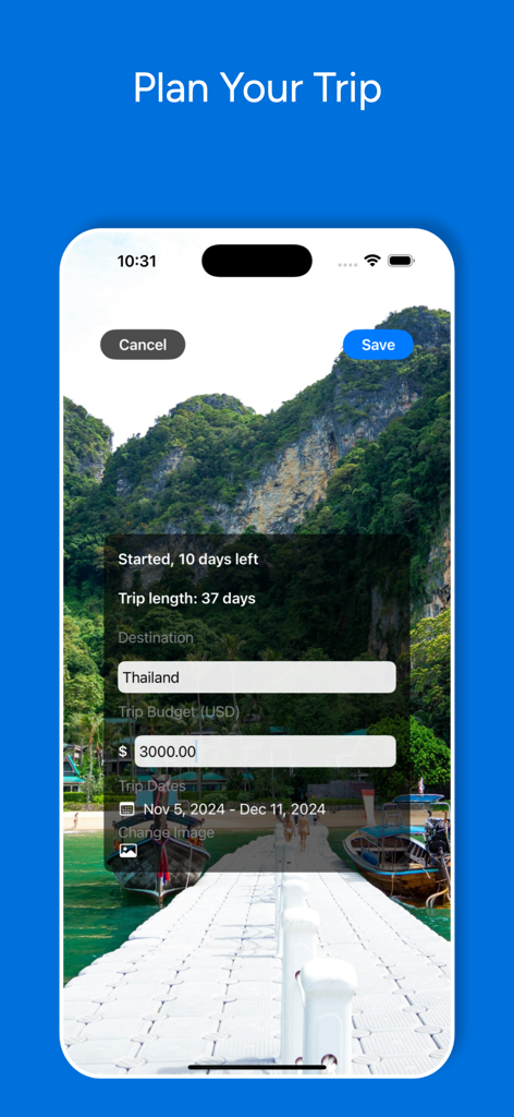 Easy Trip Planner app interface showing trip details for a Thailand vacation with a 3000 dollar budget and tropical background