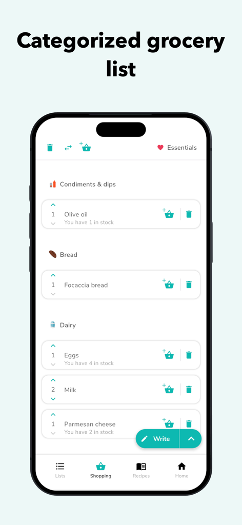 Lista de compras de supermercado categorizada no aplicativo NoWaste mostrando disponibilidade de estoque para laticínios e pães