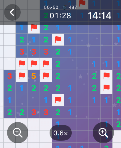 MineSweeper Blast: Watch game - Minesweeper Blast gameplay on a watch interface showing a puzzle grid with flags and zoom controls