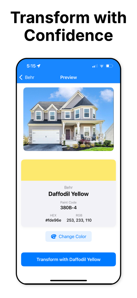 Paint Color Visualizer - A mobile app screen showing a house exterior being previewed with Behr Daffodil Yellow paint.