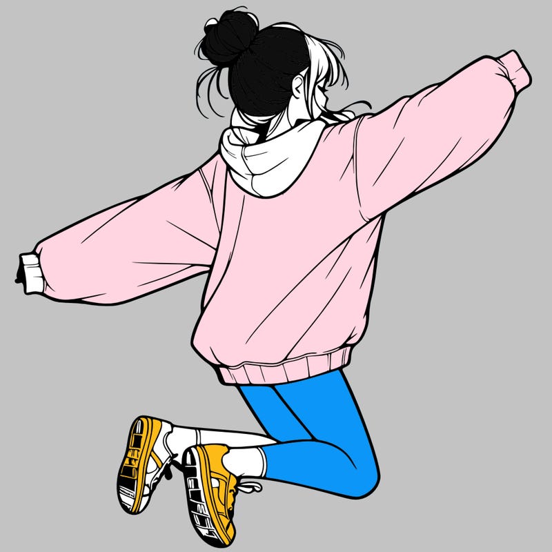 realistic girl jumping with a bun and oversized sweatshirt