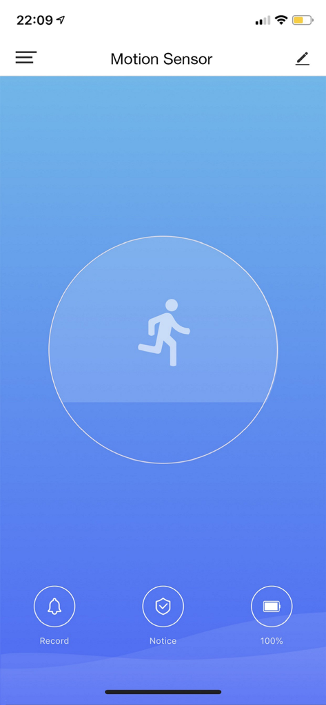 Nexxt Home mobile app interface showing motion sensor status and security controls