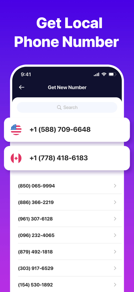 Interfaz para seleccionar un número de teléfono local de EE. UU. o Canadá en la aplicación Text Go.