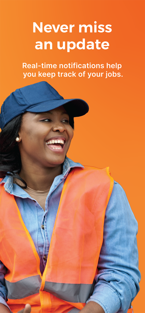 JobStack for Work: Daily Pay - Happy female worker in a high visibility vest and blue cap next to text about real time job notifications