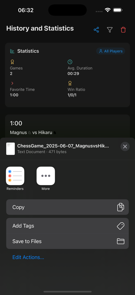 Grandmaster Chess Clock - Grandmaster Chess Clock app history and statistics screen with share menu