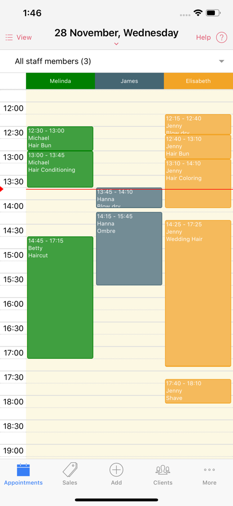 Tägliche Terminplanansicht für Salonmitarbeiter in der SalonAppy-App.