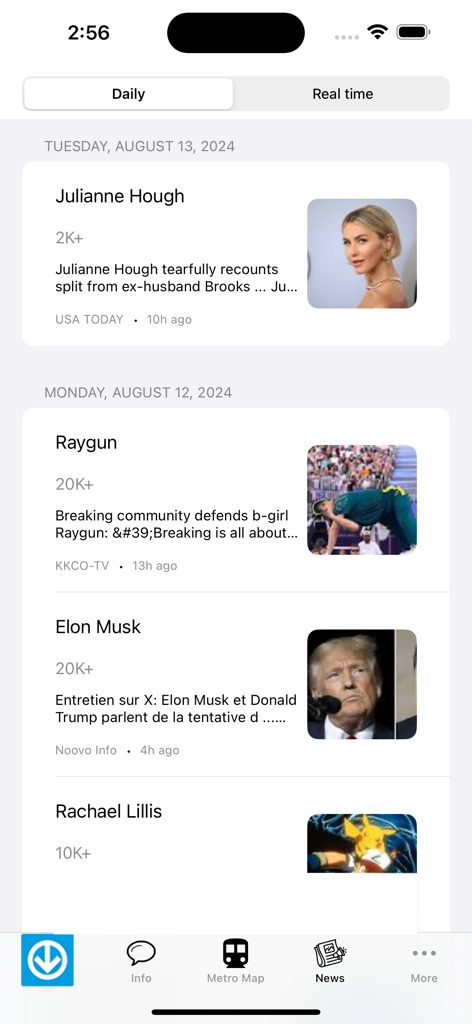 La sección de noticias de la aplicación Mapa del Metro de Montreal mostrando temas y artículos de noticias de tendencia.