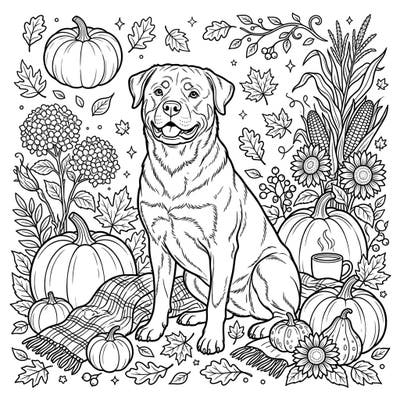 Embrace the beauty of fall with this charming coloring page featuring a regal Rottweiler amidst a bounty of autumn treasures. It's the perfect way to unwind and celebrate the cozy season.