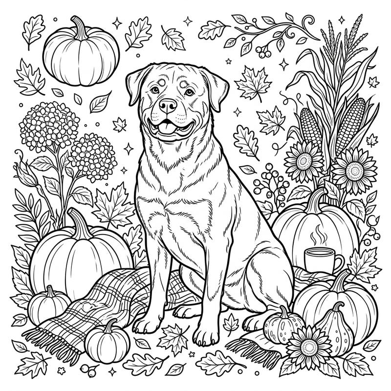 Embrace the beauty of fall with this charming coloring page featuring a regal Rottweiler amidst a bounty of autumn treasures. It's the perfect way to unwind and celebrate the cozy season.