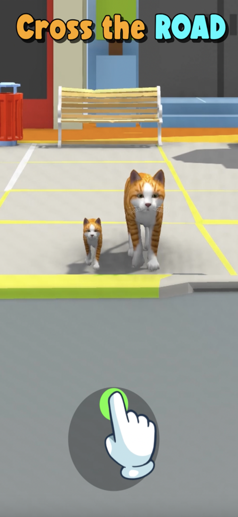 Un gato atigrado naranja y un gatito en una acera con el texto 'CRUZA LA CALLE'.